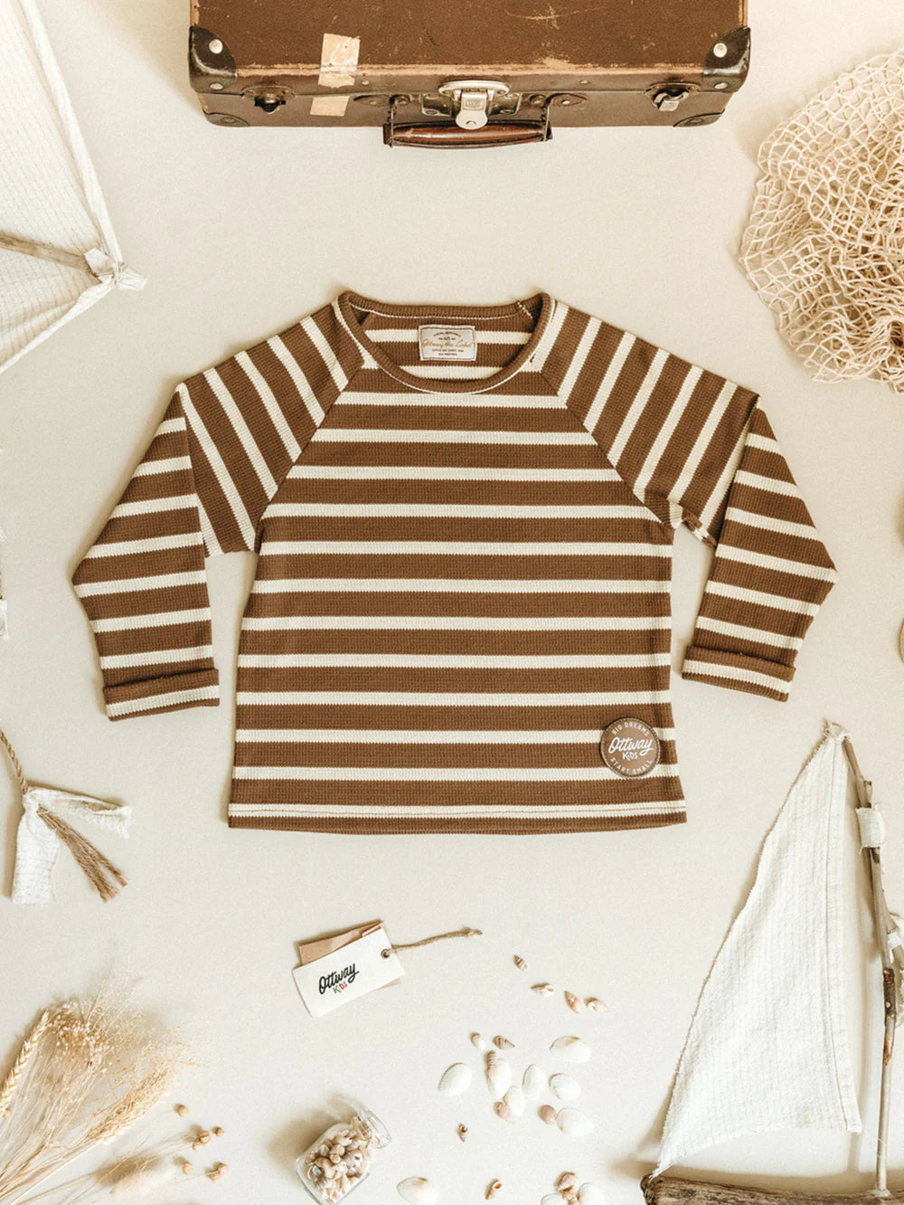 Ottway - Nolan Striped L/S Unisex Kids T-shirts Brown and Cream