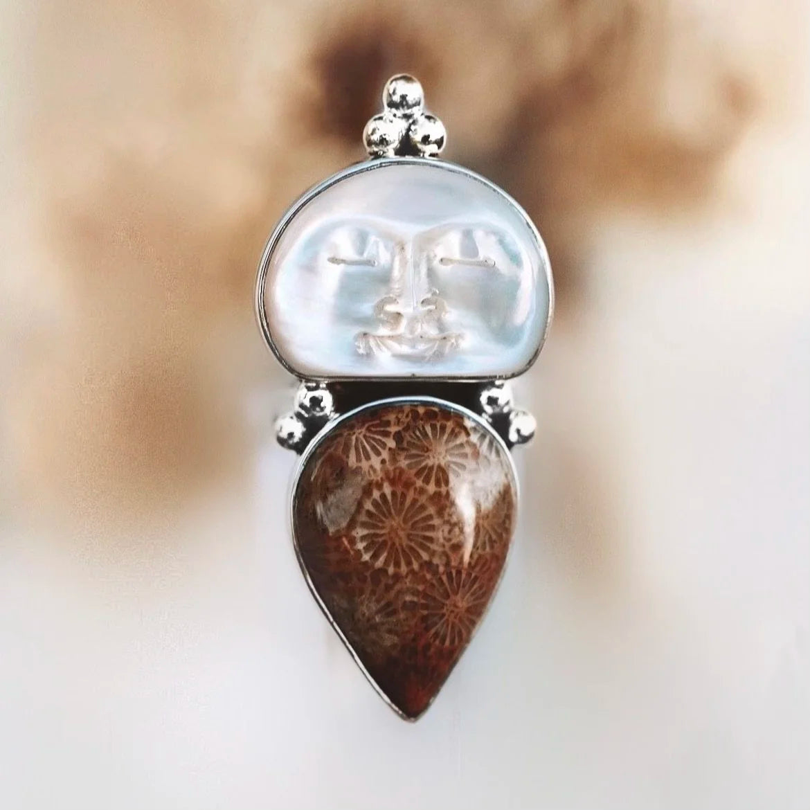 Mahloe Mother of Pearl Moon face and Fossilised Coral