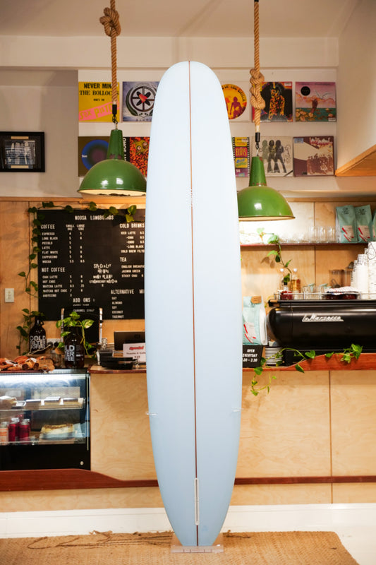 Dingley Surfboards Sinartra 9'6 Light Blue Bottom and Rails, White Deck Volan Patch