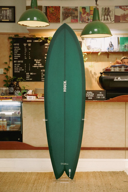 6'6" Vouch Mid VISH tapered cedar stringer, dark green tint deck and bottom, white glass on keels