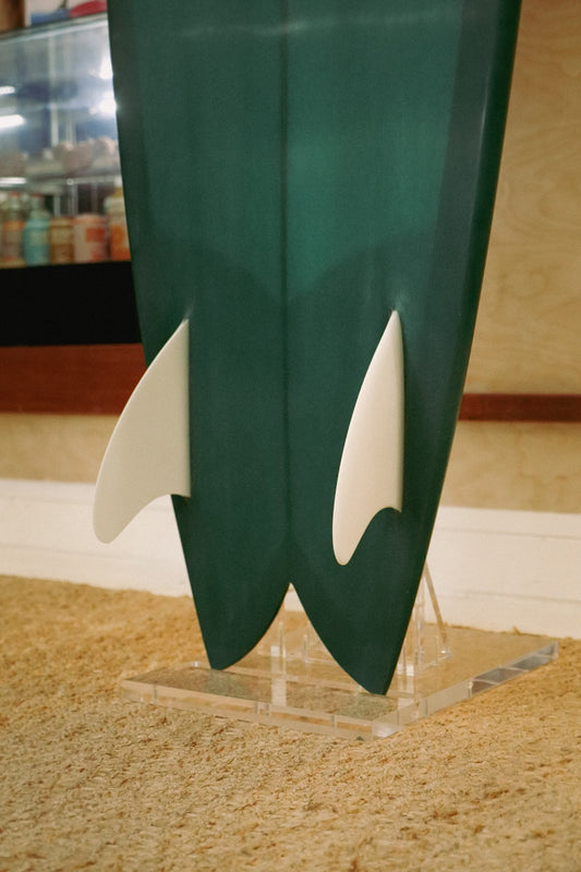 6'6" Vouch Mid VISH tapered cedar stringer, dark green tint deck and bottom, white glass on keels