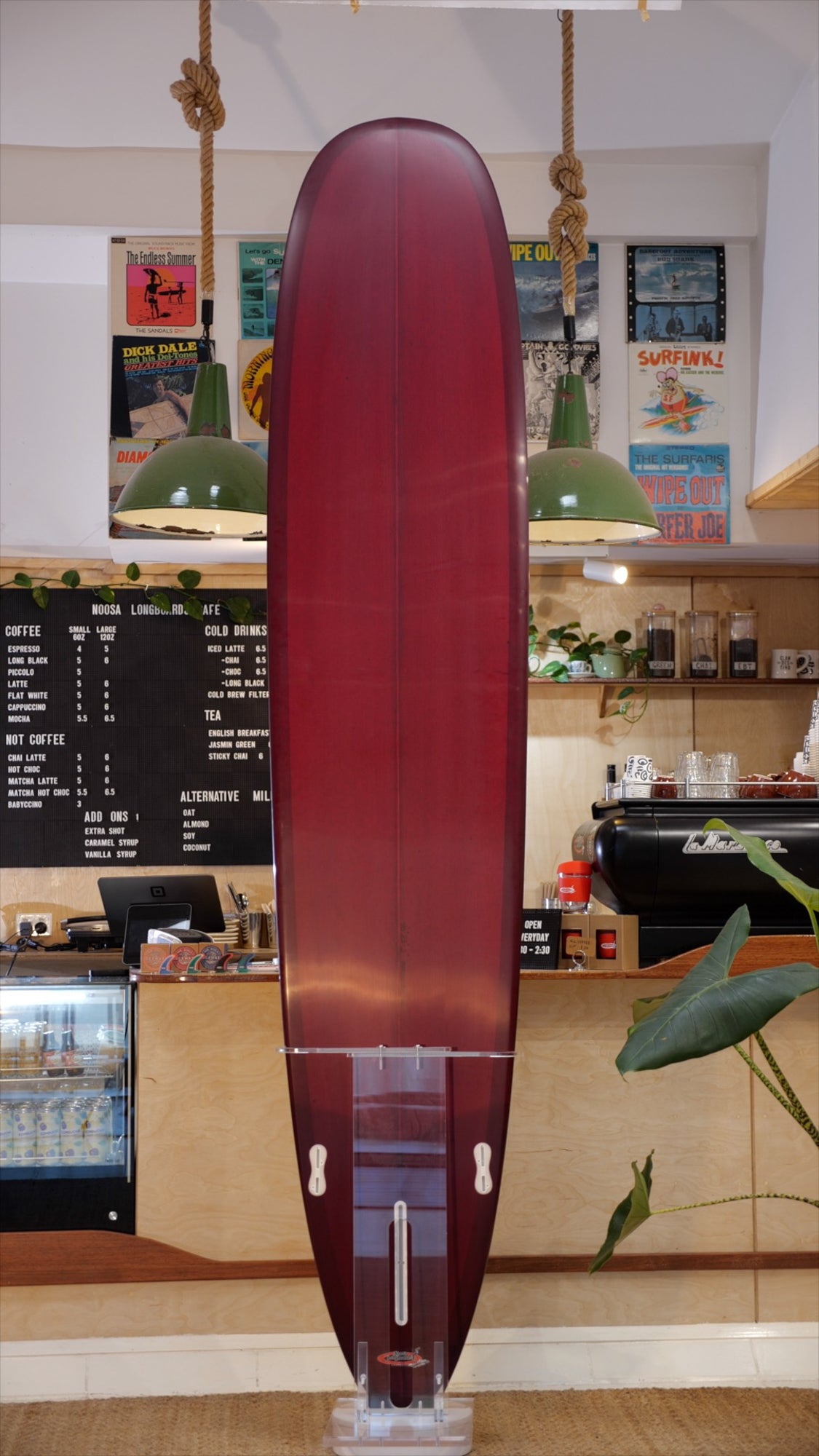 9'6" Noosa Longboards Tea Tree burgundy tint deck and bottom, polished deck insert