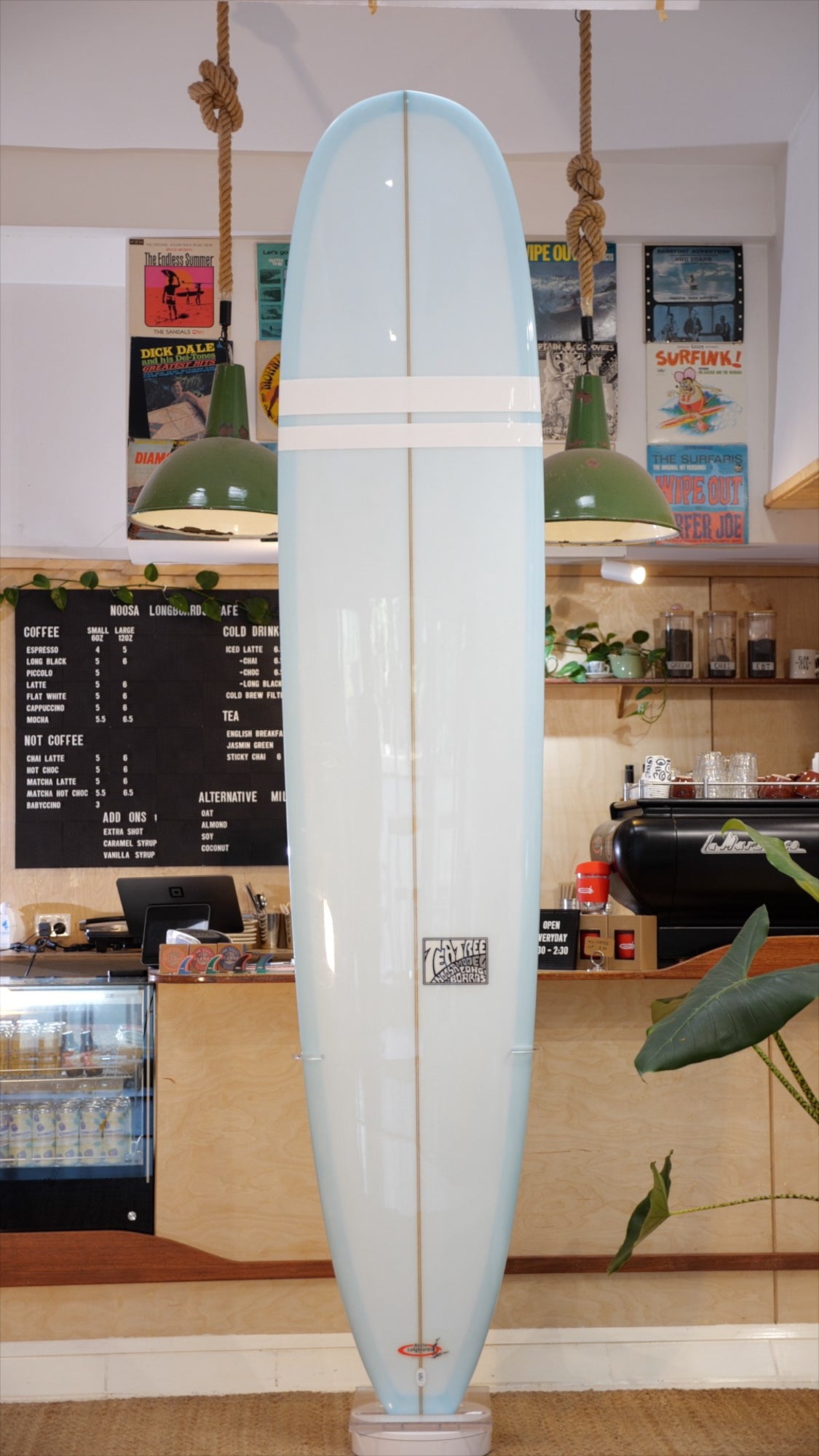 9'4" Noosa Longboards Tea Tree Model pale blue tint deck and bottom, white TT bands, gloss and polish