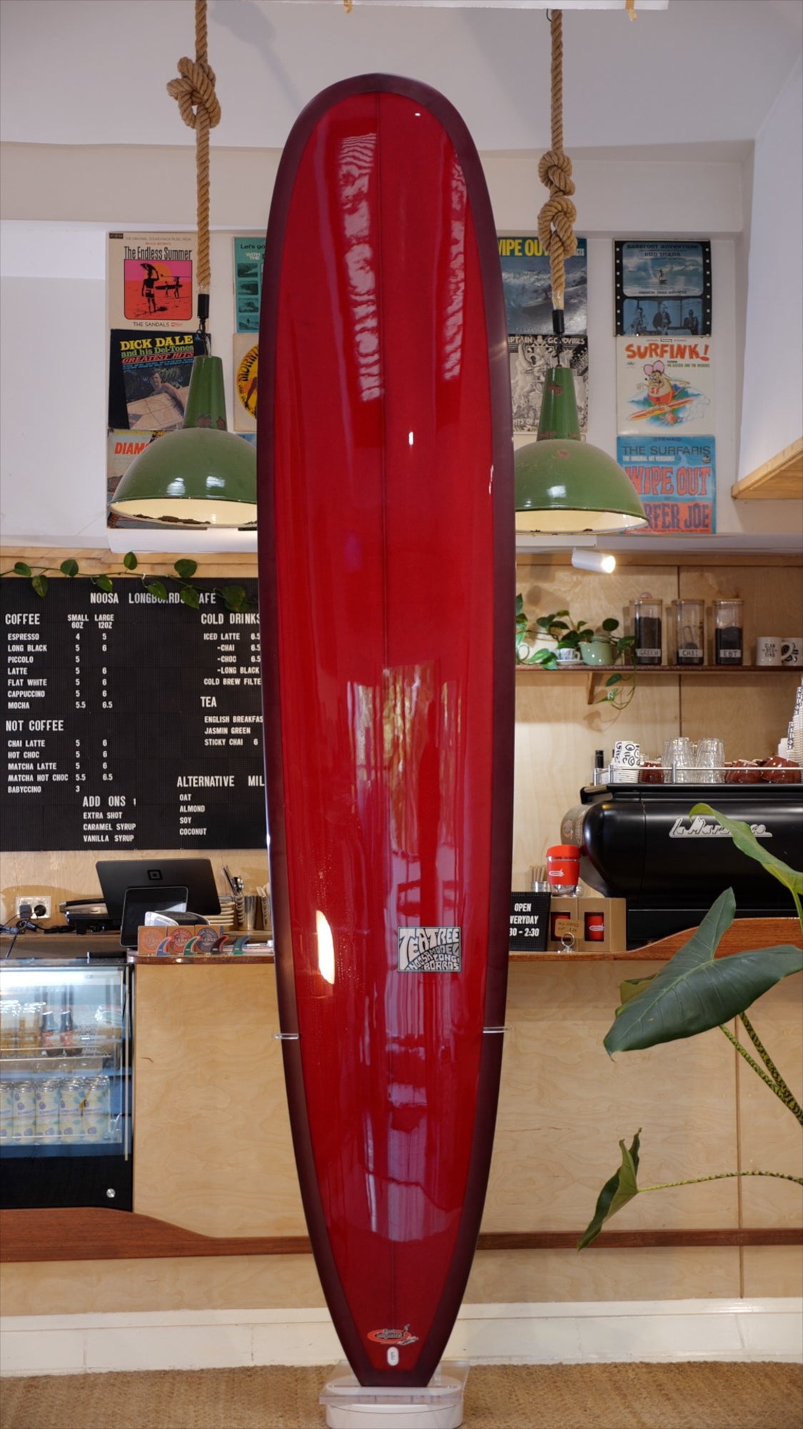9'6" Noosa Longboards Tea Tree burgundy tint deck and bottom, polished deck insert