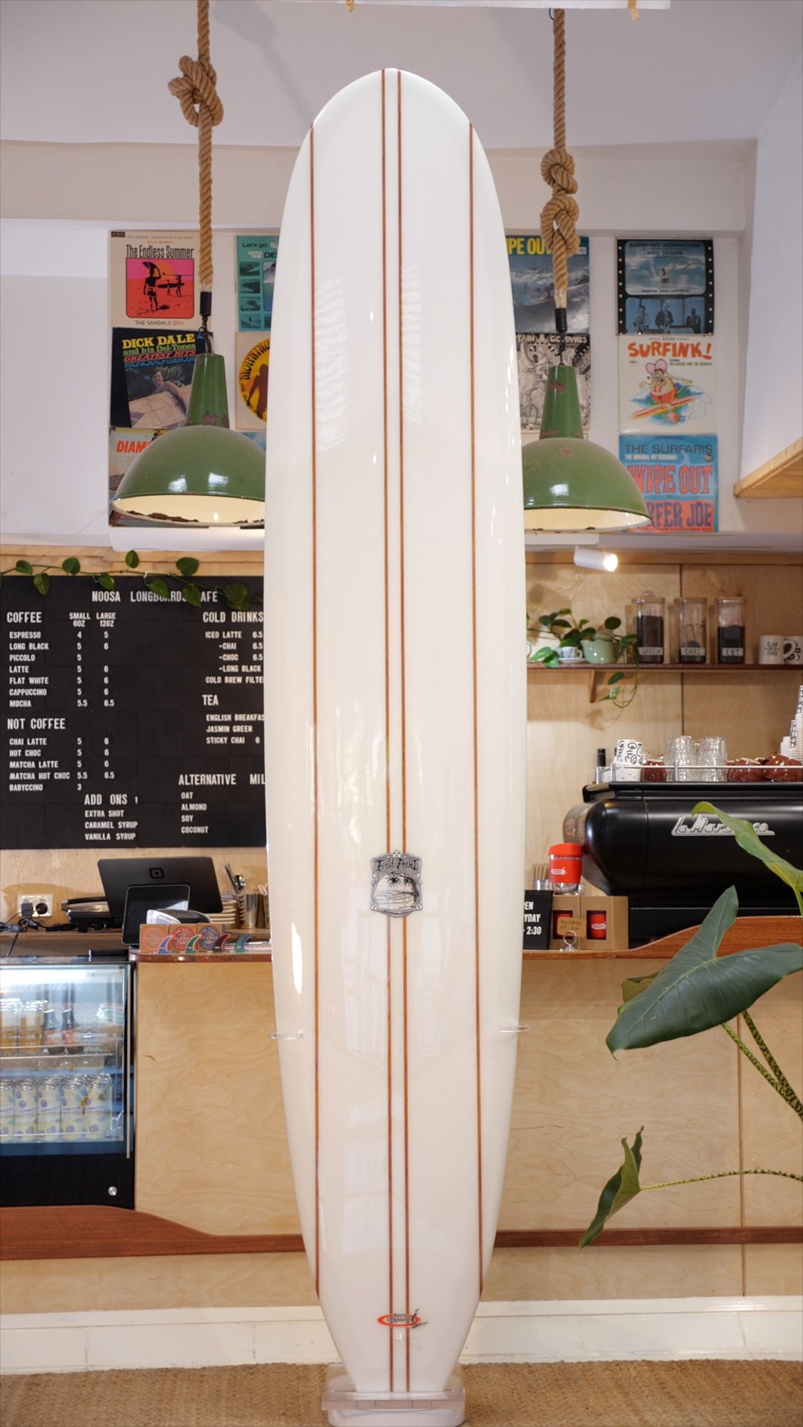 9'6" Noosa Longboards First Point Model quad cedar stringers, Volan deck and bottom, gloss and polish
