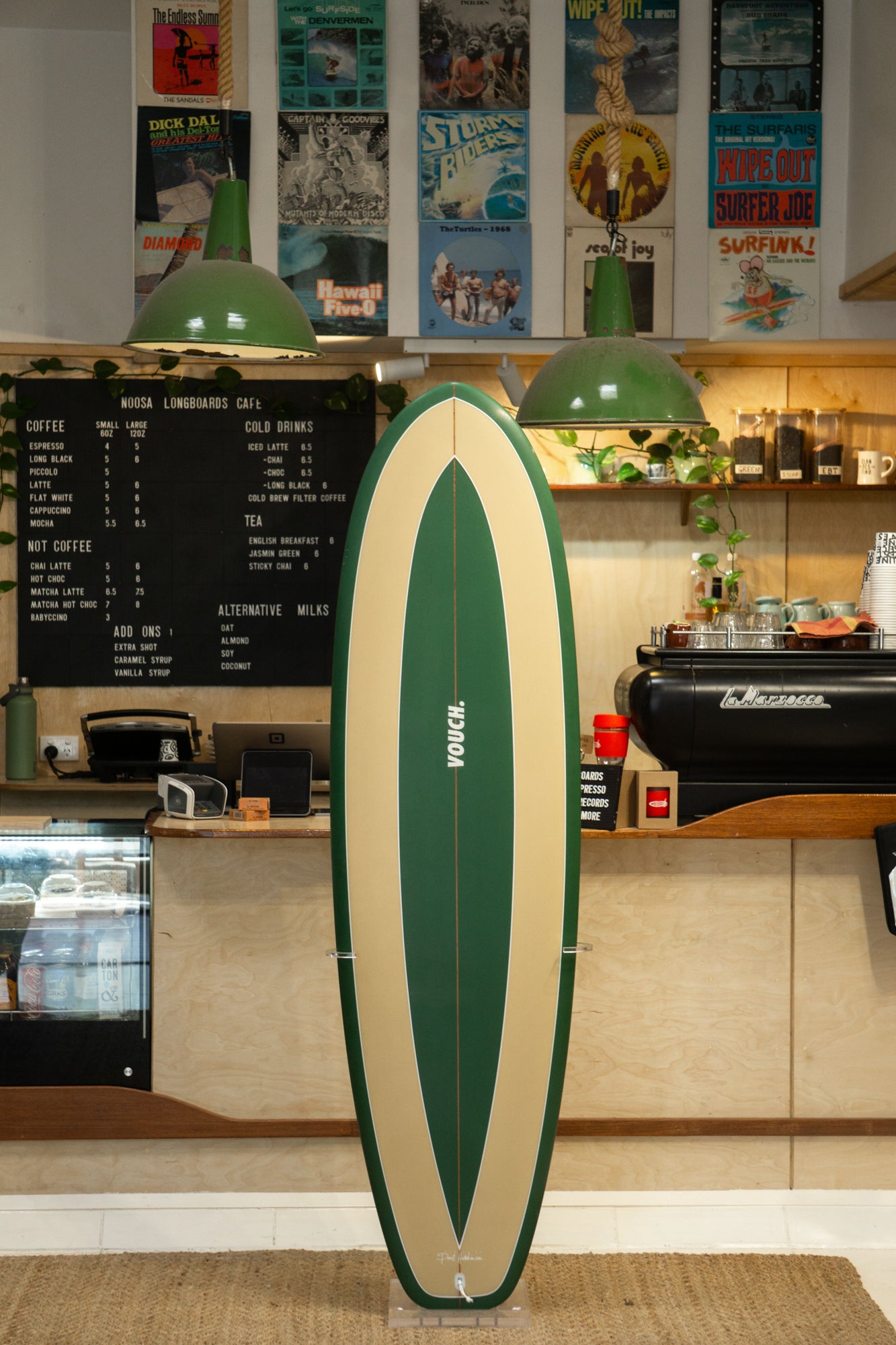 6'6" Vouch Fat Arse Wombat green and tan Wombat spray, white pinlines, Futures quad