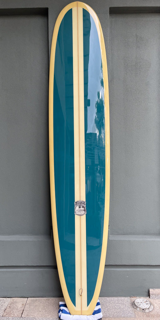 9ft 8 Longboard - First Point Model, Cream Tint, Green Panels