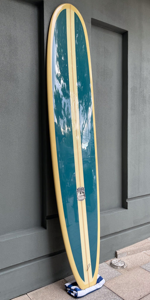 9ft 8 Longboard - First Point Model, Cream Tint, Green Panels