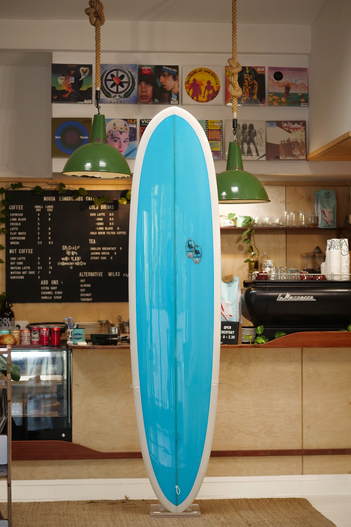 8'0" Donald Takayama Scorpion 2 white pigment rail and bottom, turquoise tint insert, white pinline