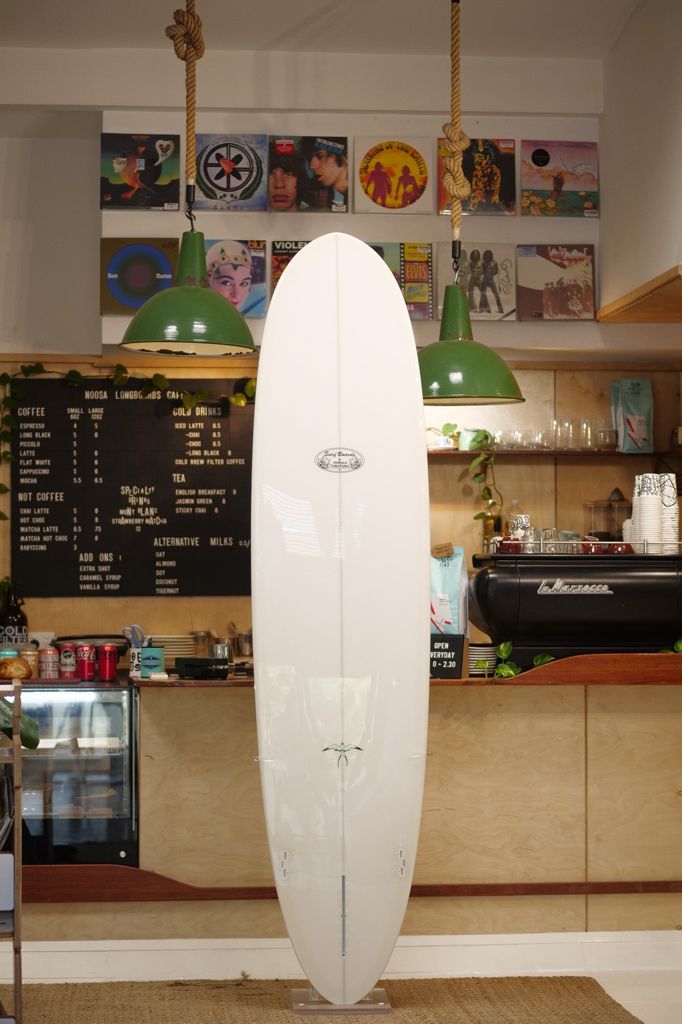 8'0" Donald Takayama Scorpion 2 white pigment rail and bottom, turquoise tint insert, white pinline