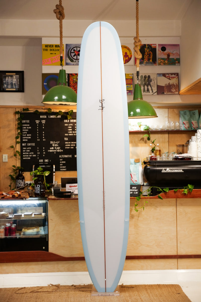 Dingley Surfboards Sinartra 9'6 Light Blue Bottom and Rails, White Deck Volan Patch