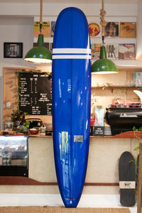 9'6" Noosa Longboards Tea Tree Model navy blue tint deck and bottom, white TT bands, gloss and polish