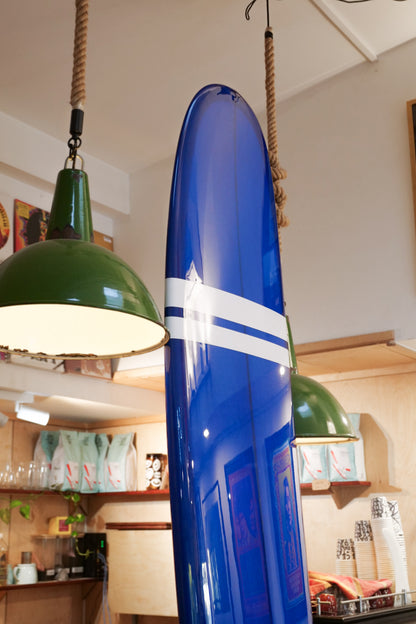 9'6" Noosa Longboards Tea Tree Model navy blue tint deck and bottom, white TT bands, gloss and polish