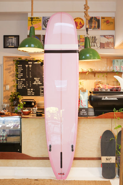 9'3" Noosa Longboards Tea Tree Model pale pink semi pigment deck and bottom, black and white TT bands, gloss and polish