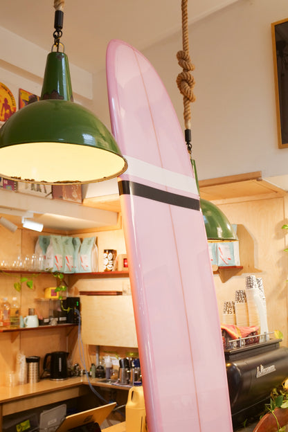 9'3" Noosa Longboards Tea Tree Model pale pink semi pigment deck and bottom, black and white TT bands, gloss and polish