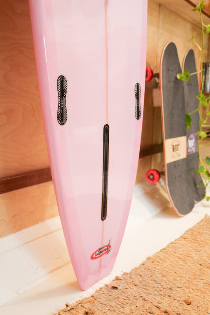 9'3" Noosa Longboards Tea Tree Model pale pink semi pigment deck and bottom, black and white TT bands, gloss and polish