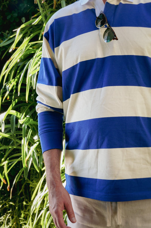 Front detail of NL Rugby Jersey Cream/Blue showing cream and blue stripes at Domic, Sunshine Beach