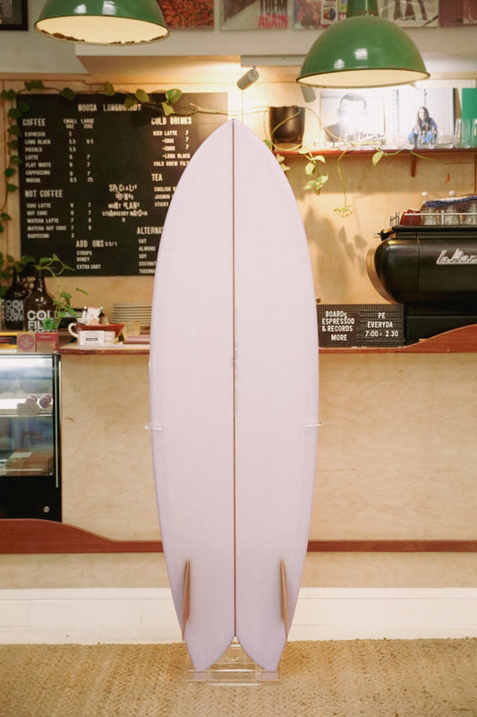 5'8" Vouch VISH lavender tint deck and bottom, glass on wood keels