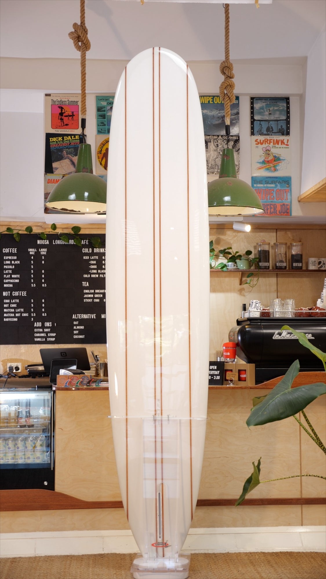 9'6" Noosa Longboards First Point Model quad cedar stringers, Volan deck and bottom, gloss and polish