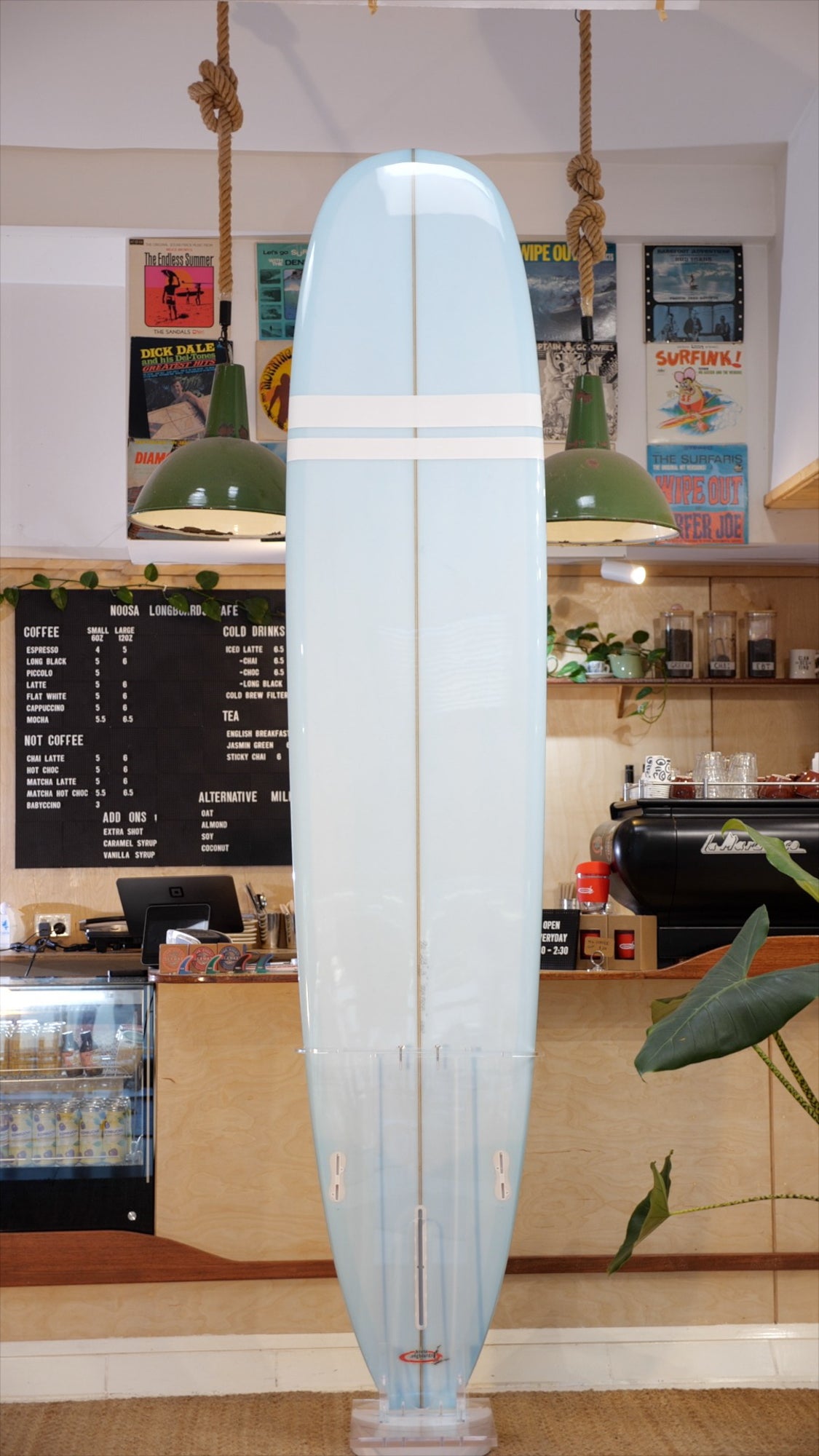 9'4" Noosa Longboards Tea Tree Model pale blue tint deck and bottom, white TT bands, gloss and polish