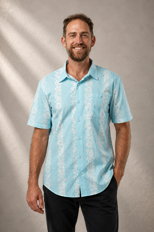 NL Hibiscus Panel Button up shirt Light Blue