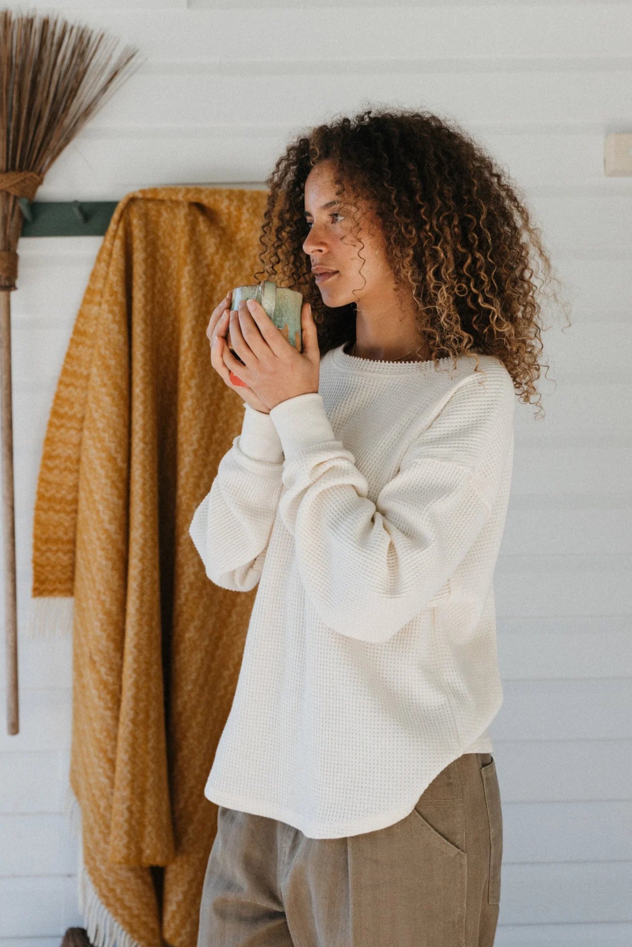 Ottway - Waffle Crew Neck Long Sleeve Unisex T-shirt White