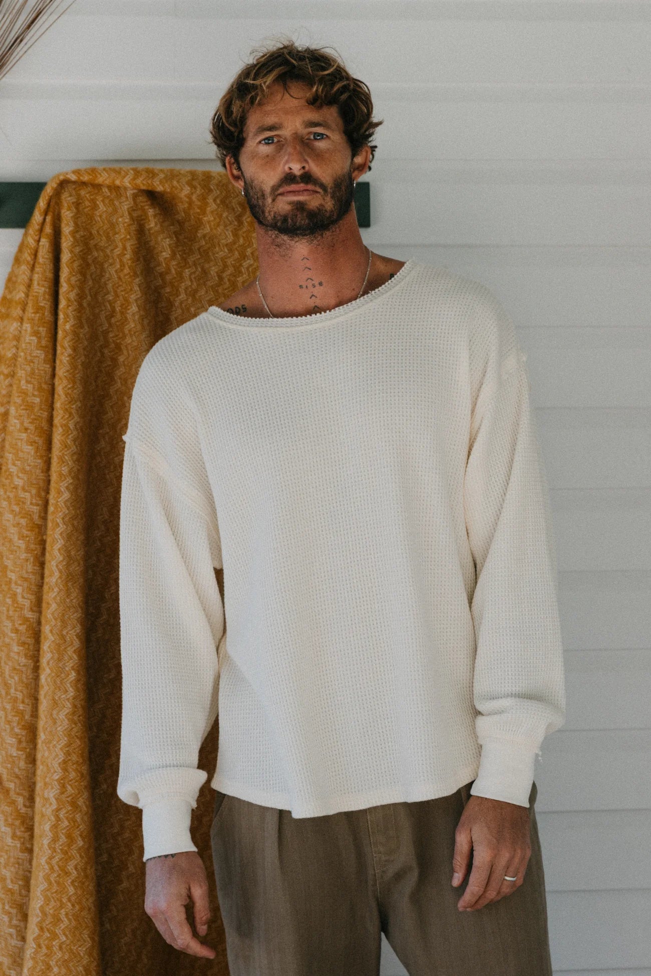 Ottway - Waffle Crew Neck Long Sleeve Unisex T-shirt White