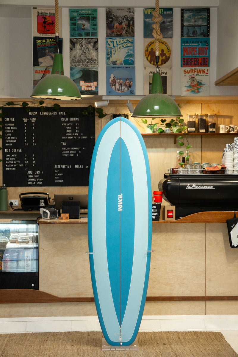 6'2" Vouch Fat Arse Wombat 2-tone blue Wombat spray, white pinlines, 2 + 1 fin setup