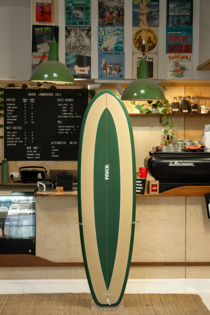 6'6" Vouch Fat Arse Wombat green and tan Wombat spray, white pinlines, Futures quad