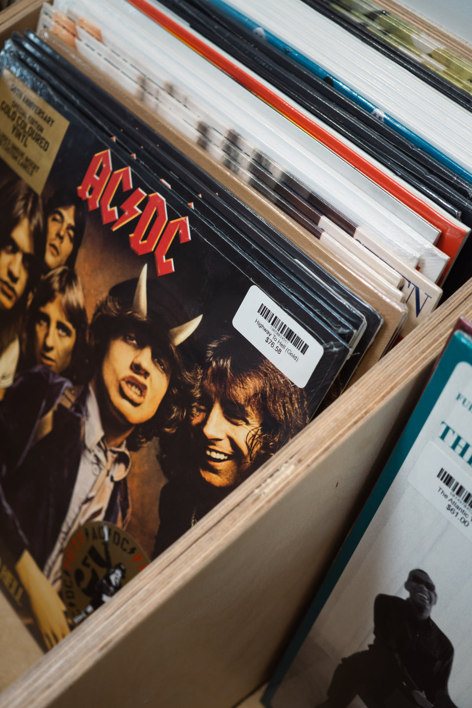 An AC/DC album in the upstairs vinyl racks at Noosa Longboards