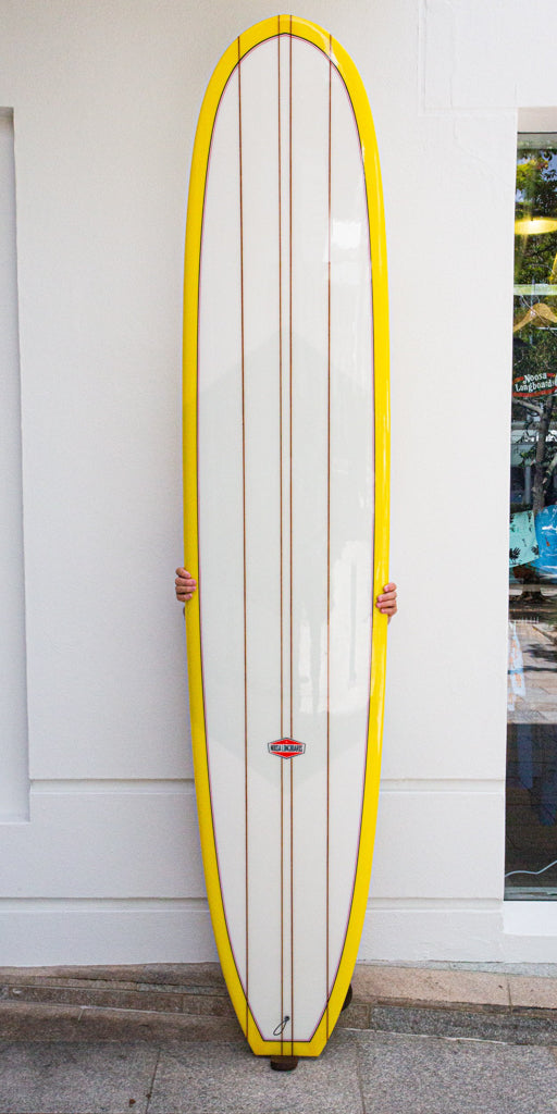 9' 8" First Point Longboard - Glossy Yellow Bottom and lapse Volan Deck with Quad cedar stringers.