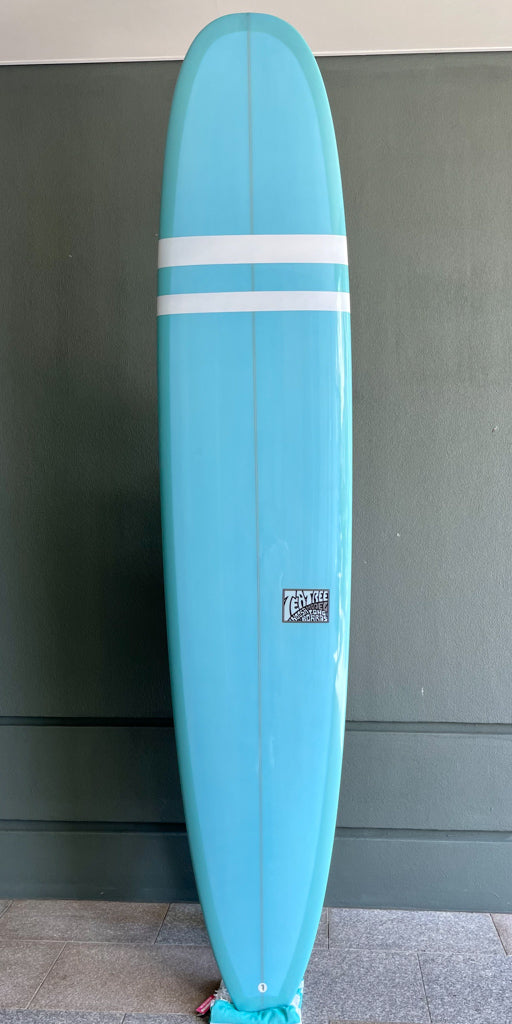 9'6 Teatree Gloss pastel green deck/pastel blue bottom with white stripes
